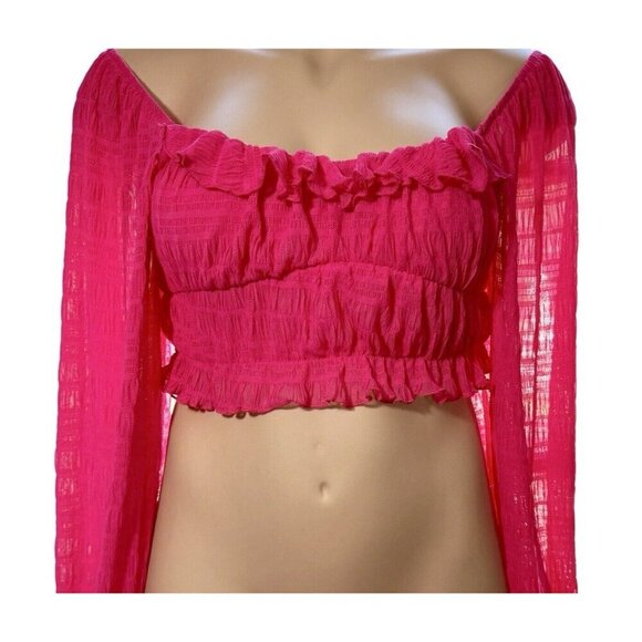 Frilly Romantic Fuchsia Crop Top Women Small Bishop Sleeve Textured Off Shoulder - Picture 15 of 16